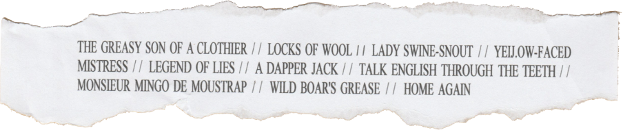 Ripped piece of paper with phrases reading: "THE GREASY SON OF A CLOTHIER. LOCKS OF WOOL. LADY SWINE-SNOUT. YELLOW-FACED MISTRESS. LEGEND OF LIES. A DAPPER JACK. TALK ENGLISH THROUGH THE TEETH. MONSIEUR MINGO DE MOUSETRAP. WILD BOAR'S GREASE. HOME AGAIN."