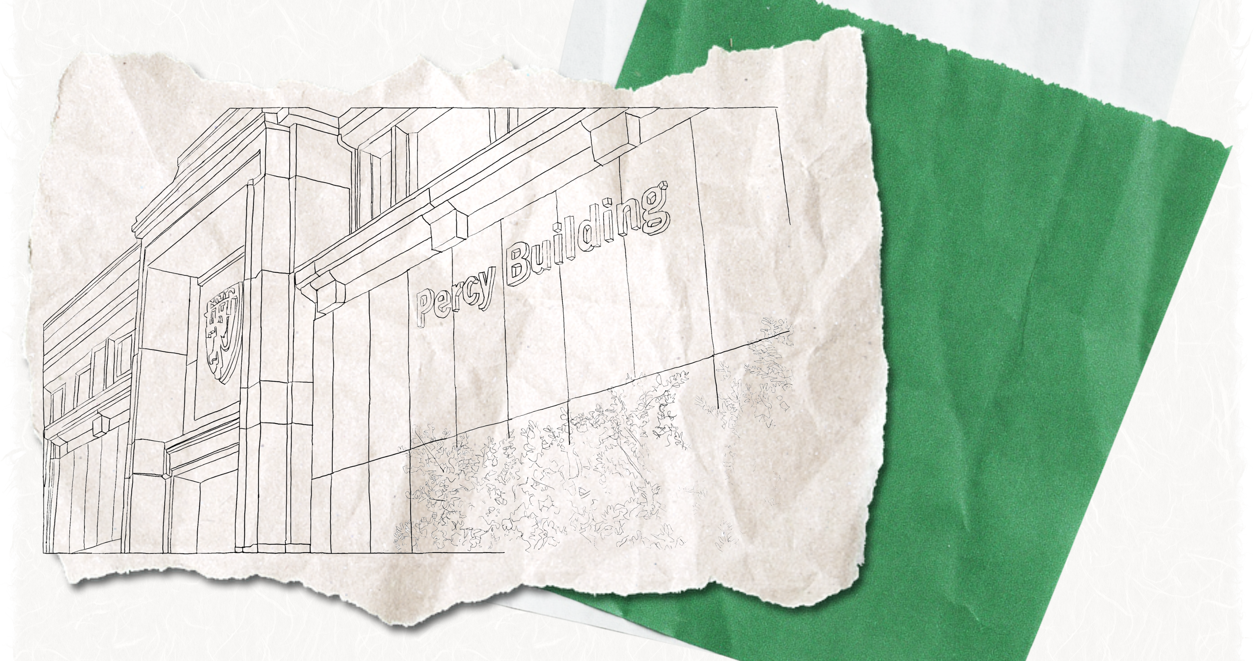 Digital sketch of a Newcastle University building on a background of scraps of white and green paper.